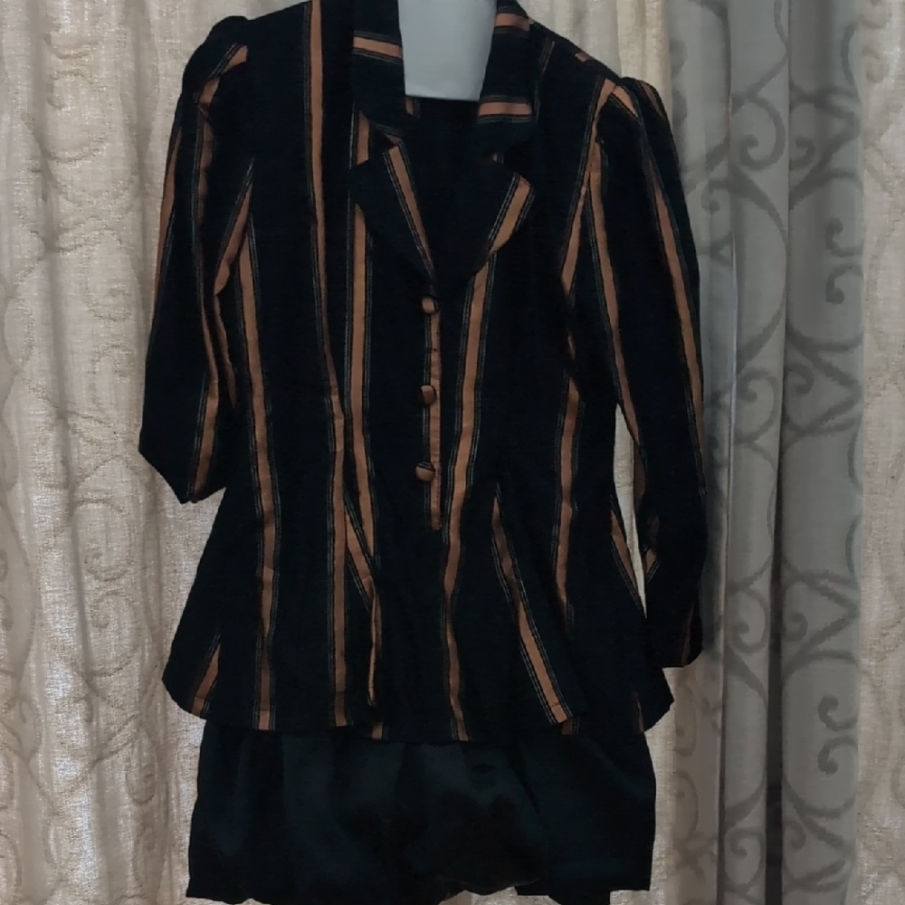 Striped Black and Bronze Vintage 80's Dress Complete With Shoulder Pads!